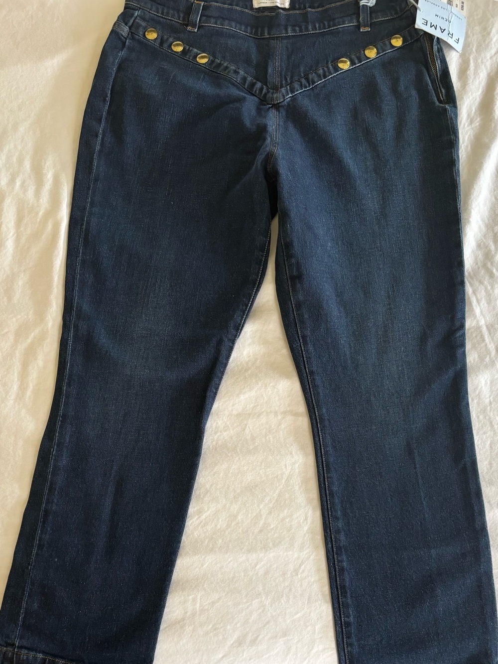 Frame Denim Dark Indigo Straight Leg Jeans with Gold-Tone Studs Size 12